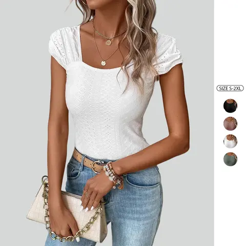 Imily Bela Womens Summer Tops Eyelet Embroidery Ruched Tee Shirts Cap Sleeve Slim Fit T Shirts Solid Color Bodycon Blouses