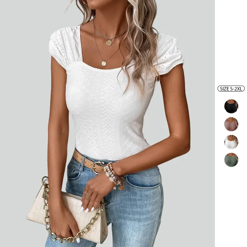Imily Bela Womens Summer Tops Eyelet Embroidery Ruched Tee Shirts Cap Sleeve Slim Fit T Shirts Solid Color Bodycon Blouses