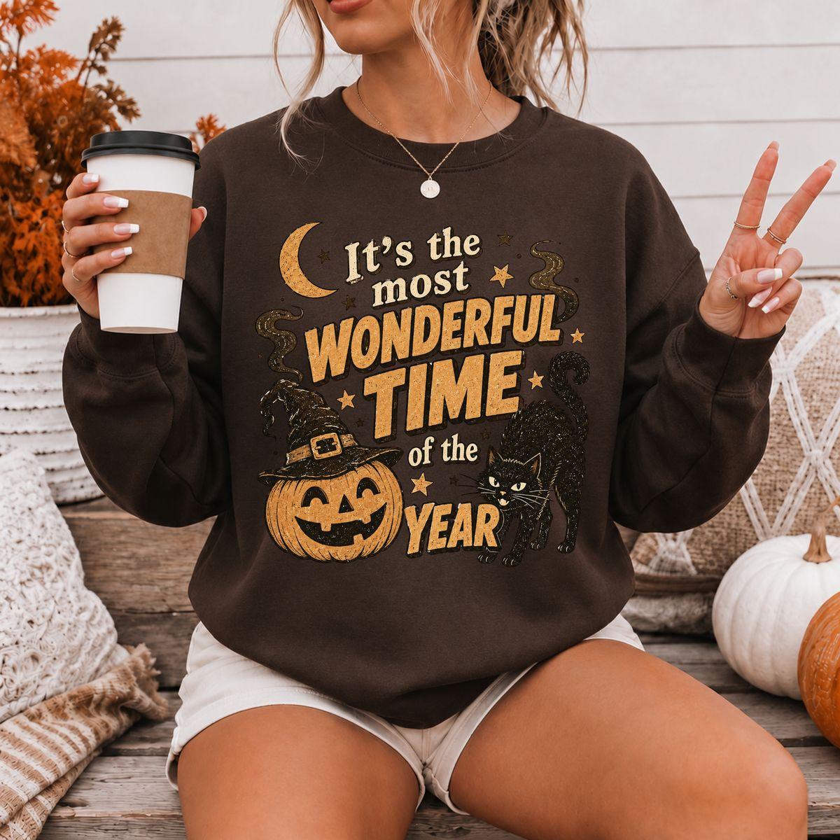 It’s The Most Wonderful Time Of The Year Vintage Halloween Sweatshirt, Retro 90s Cat Pumpkin Graphic Tee, Most Wonderful Time Of The Year Shirt, Witchy Fall Apparel, Spooky Season Gift, Cozy Autumn Top For Women & Men