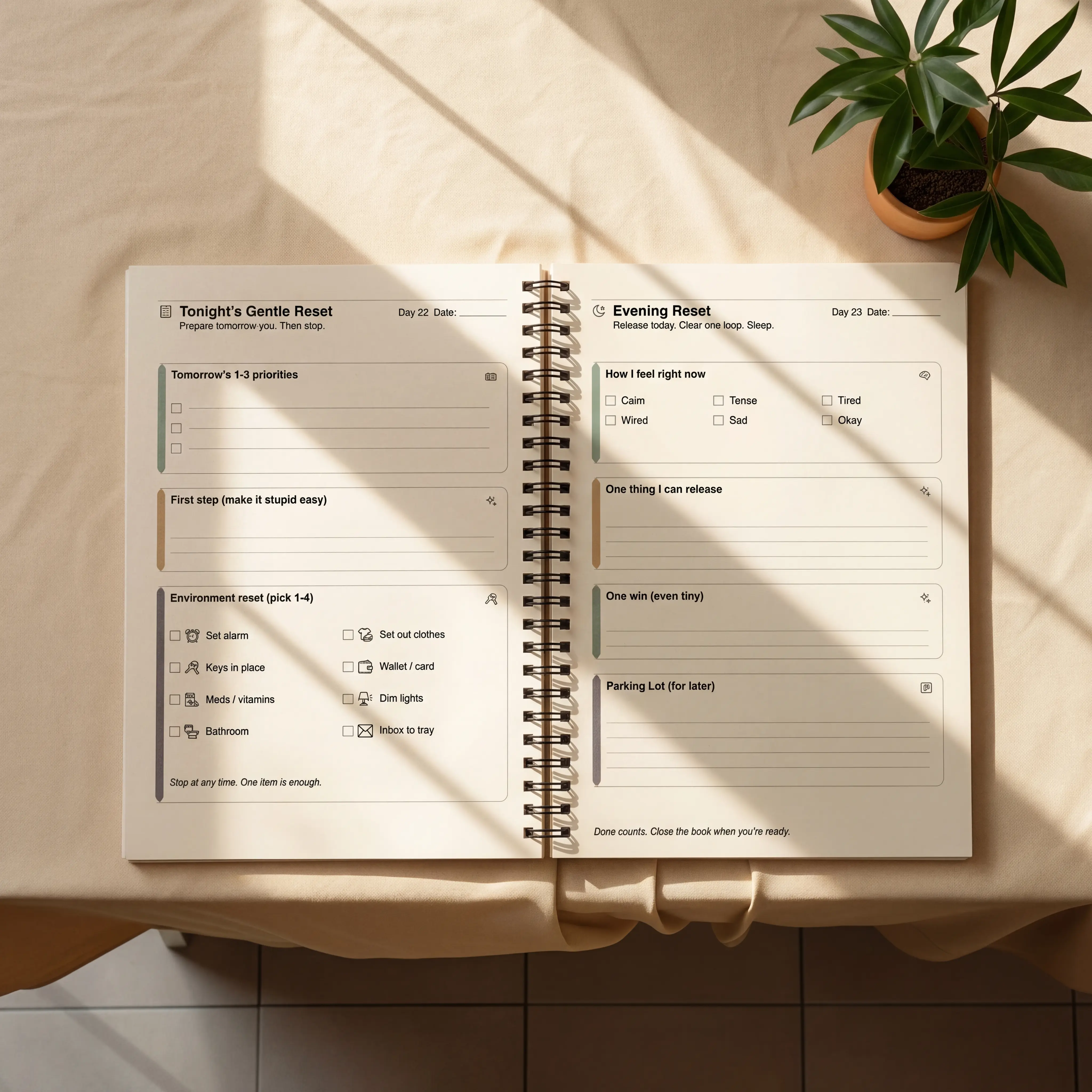ADHD Evening Reset Planner – Gentle 30-Day Night Reset Journal with Mood Check, Brain Dump and Low-Energy Support Pages