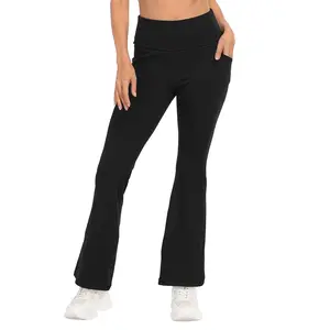 HDE Fold Over Flared Yoga Pants with Pockets, Comfortable Fit, Durable Design, Ideal for Yoga and Gym Fit Lifestyle, Airport Outfit