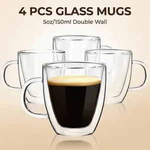 4-Piece Double Walled Glass Coffee Mugs - 5oz Insulated Espresso Cups with Handle - Aesthetic Clear Borosilicate Glass for Latte, Espresso Machine、Cappuccino & Tea