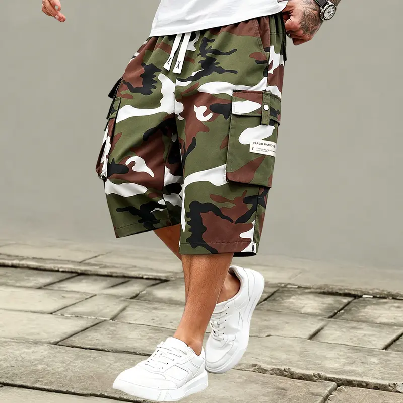 Men’s Oversized Camo Cargo Shorts with Pocket - Summer Highstreet Streetwear, Mixed Color Casual Sports Bottoms, Classic Baggy Menswear, Oversized Camo Men's Shorts