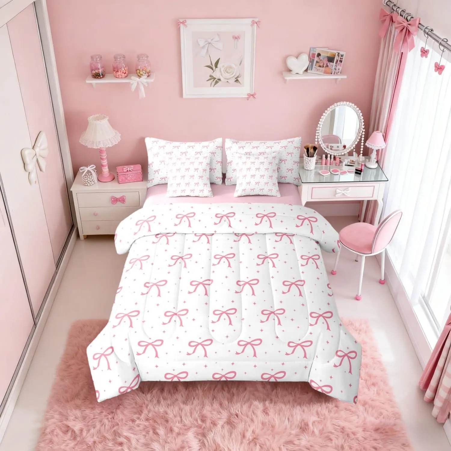 Feelyou 7-Piece Pink Bow Microfiber Queen Comforter Set - Durable, Breathable High-Tenacity Fabric, Ribbon Bowknot Design, Coquette Bed-in-A-Bag with Sheets, Girly Preppy Princess Look, for Teen Girls, Multi-Size Options, Everyday Use, Machine Washable