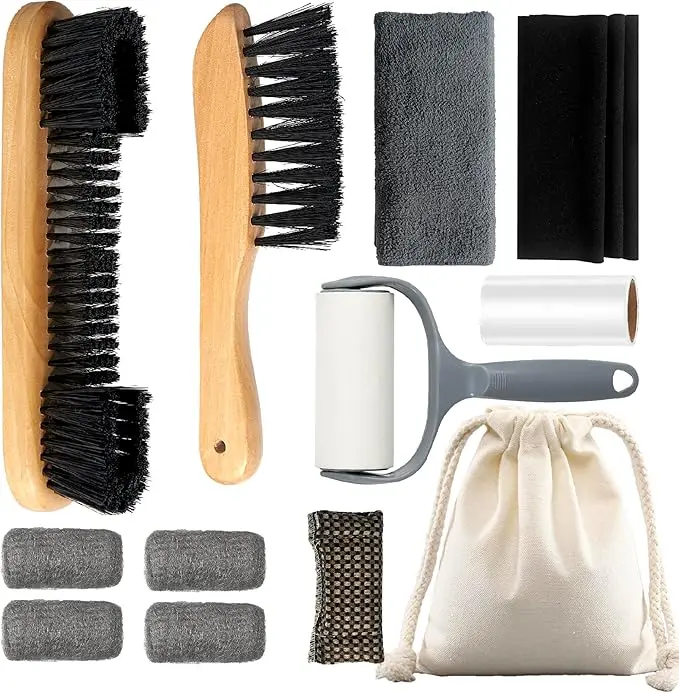 12Pcs Billiard Table Cleaning Accessories with 2 Wood Brush, 4 Ferrule Polish Cloths, Cue Shaft Cleaner Cloth, Sticky Lint Roller, Storage Bag, Pool Table Brush Set for Felt