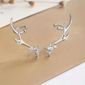 [Sterling Silvery Deer Crown Earrings] 925 Sterling Silvery Deer Crown Earrings - Rhodium Plated with Synthetic Zirconia - Boho Style Symmetrical High-End Niche Design for Women 2022 rook earring jewelry  mystery  jar charm jewelry