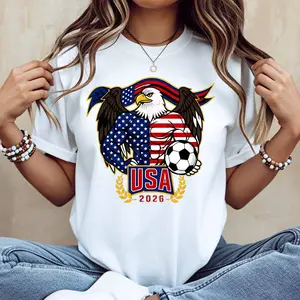 Eagle Usa Flag Soccer Ball 2026 Print T Shirt White Casual Loose Fit For Leisure And Sports Activities