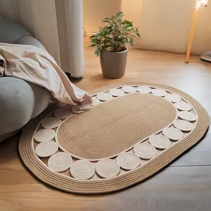 1pc Bohemian Handwoven Linen Oval Area Mat - Non-Slip, Machine Washable, Beige & White Color Block Design for Kitchen, Bathroom, Living Room, Bedroom, Outdoor Patio - Perfect for Home Decor, Bathroom Mat, Boho Area Rug 39.37/47.24inch