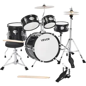 Spring new arrivals Kids Drum Set, 5-Piece 14 in Junior Drum Sets, Beginner Drums Set with Adjustable Throne, Cymbal & Two Pairs of Drumsticks, Musical Learning Drums Instruments Kit, for Children Ages 6-13(Black)