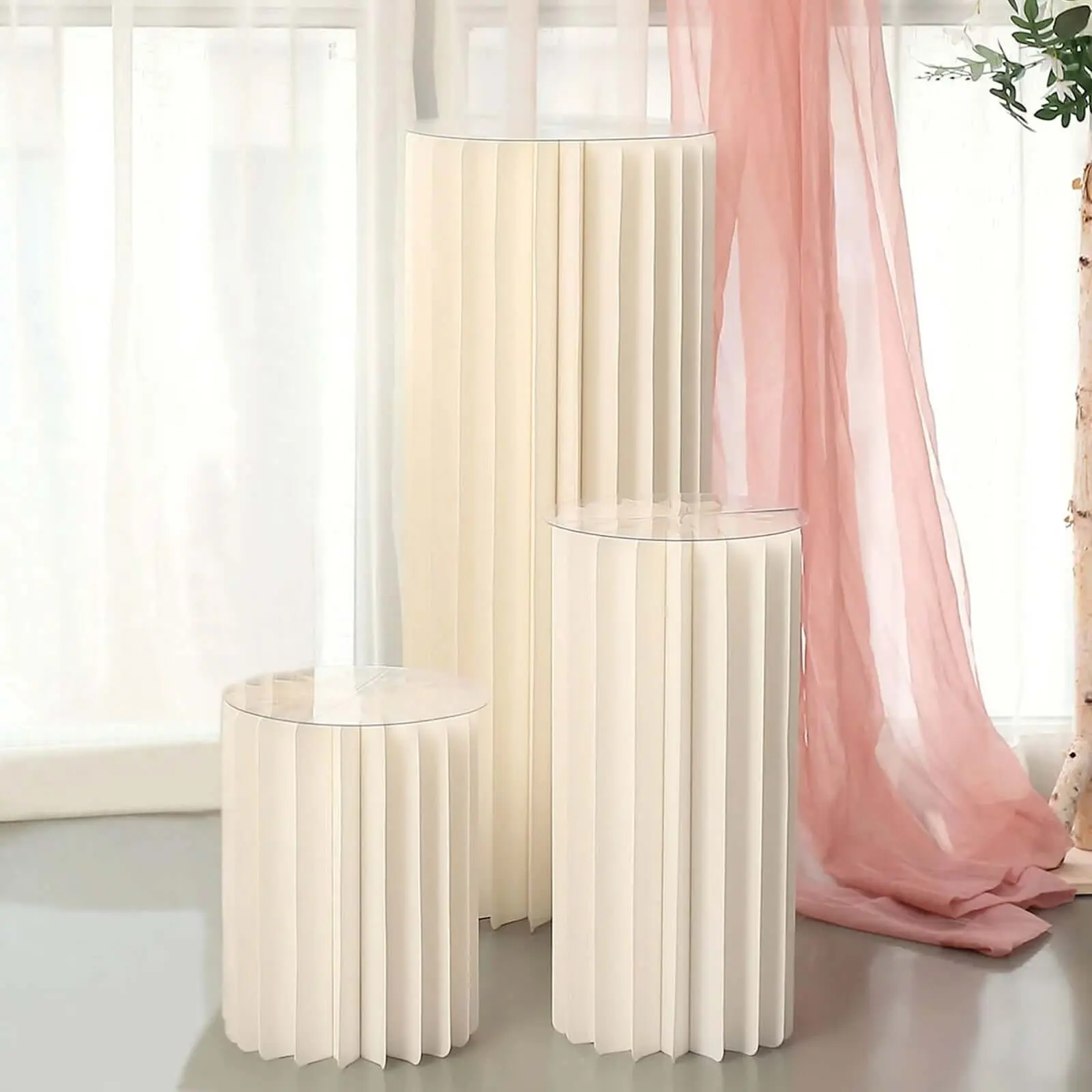 Ivory Cylinder Pedestal Stand with Top Plate, 24" Display Column Stand for Cake, Baby Shower, Ceremony, Holiday Decorations