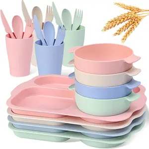 Wheat Straw Cutlery Set, 24pcs/set Including Plate*4 & Bowl*4 & Cup*4 & Cutlery*4 Sets, Reusable Wheat Straw Tableware Set for Home School RestaurantXX13Home sug