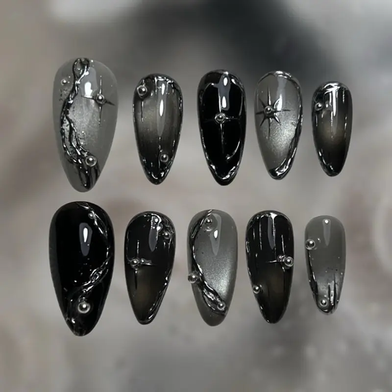 3D Cat Eye Dark Sweet Cool Starburst Irregular Silver Color Style Detachable Nail Art Set, 24 Pieces Nail Kit, Nail Art Supplies
