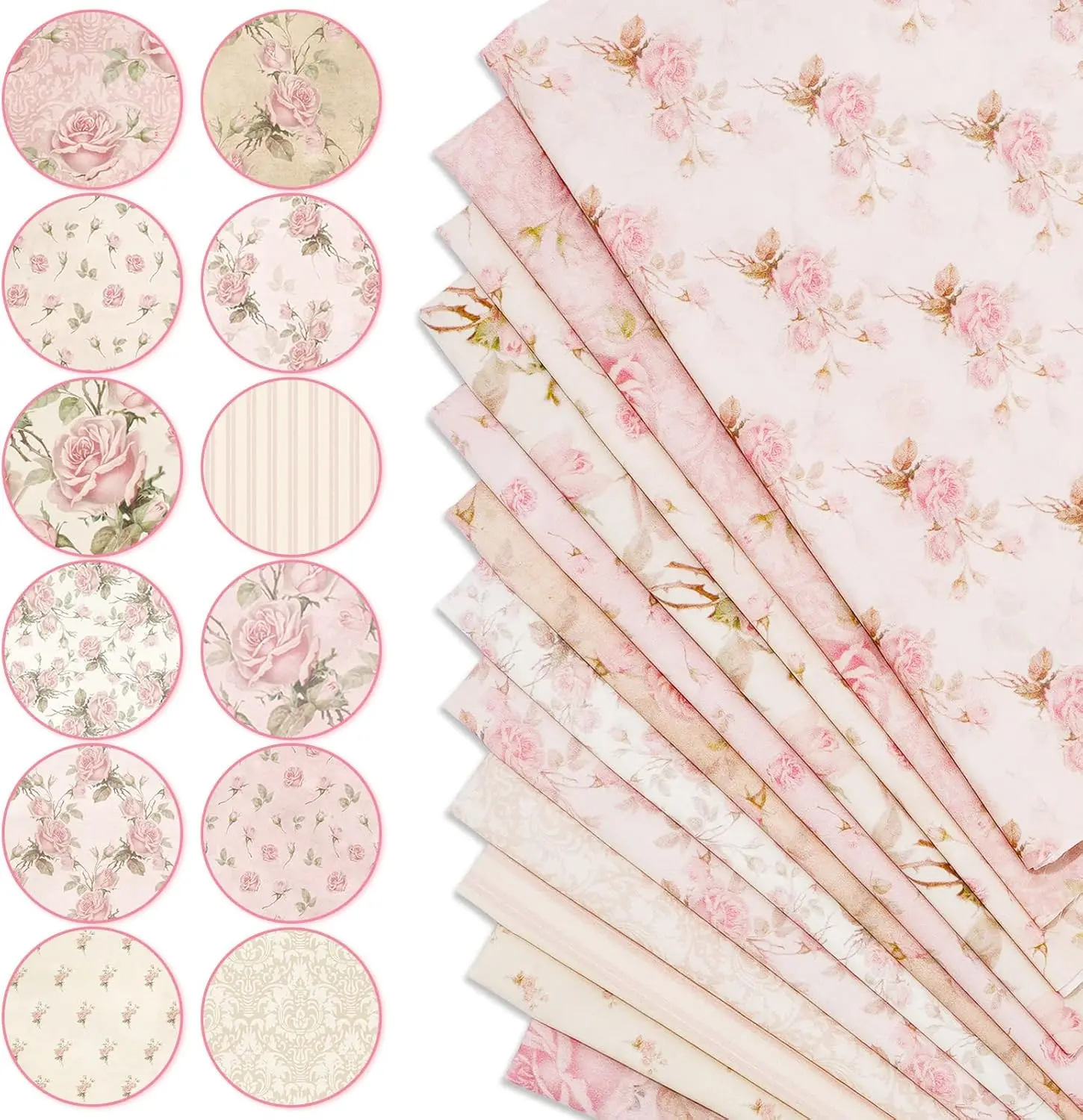 12-Piece Soft Fade-Resistant 20x20 in Cotton Fabric Bundles, Pink Floral/Stripes/Gingham Prints, Pre-Cut Quilting Patchwork Squares for Friends Who Love Sewing, DIY Crafts, Home Decoration - Home Improvement
