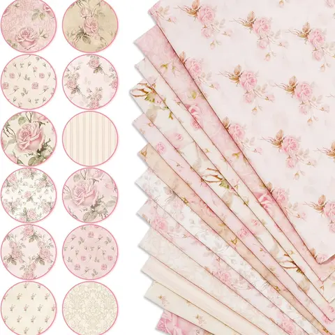 12-Piece Variety Odorless Cotton Fat Quarters Bundles, 20x20in Pre-Cut Squares, Fade-Resist Wash, Soft Texture, Retro Roses/Gingham/Striped Prints, Quilting Craft Supplies for Sewing Enthusiasts, DIY Bags