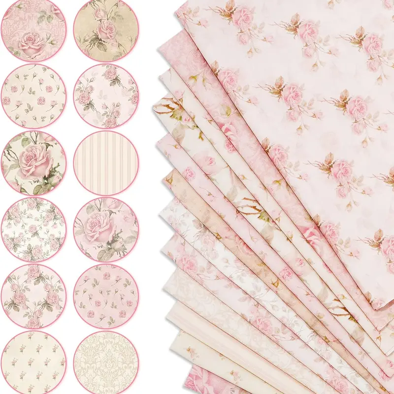 12-Piece Variety Odorless Cotton Fat Quarters Bundles, 20x20in Pre-Cut Squares, Fade-Resist Wash, Soft Texture, Retro Roses/Gingham/Striped Prints, Quilting Craft Supplies for Sewing Enthusiasts, DIY Bags