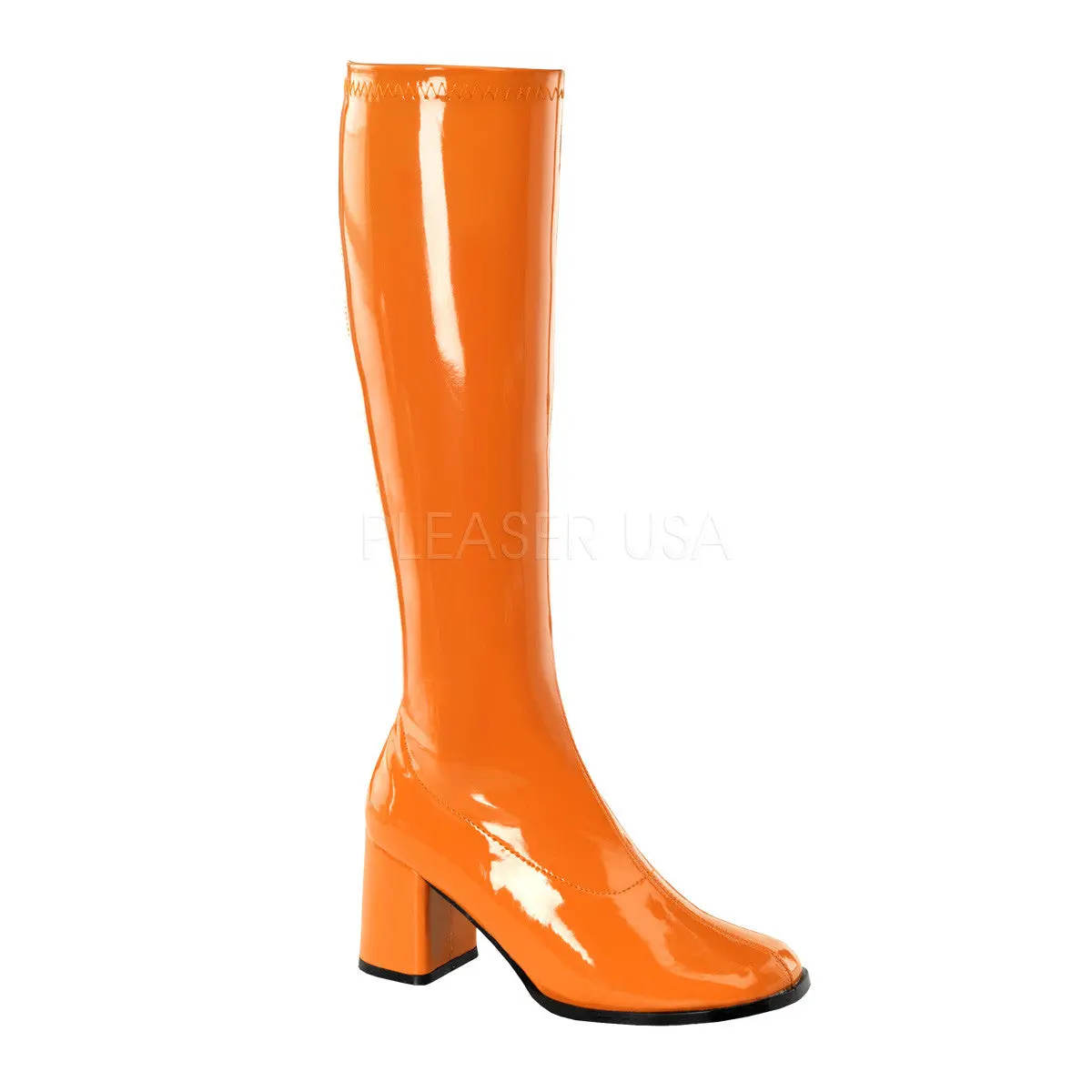 Women's Retro 3-in Block Heel Knee High Boot - GOGO-300, Orange Faux Patent Synthetic Leather Zip, Footwear, Shoe, Leather & Faux Leather