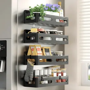 4 Pack Magnetic Spice Rack for Refrigerator Moveable Fridge Organizer Shelves with Strong Magnets & 4 Hooks Space-Saving Kitchen & Oven Storage for Spices, Jars & Condiments