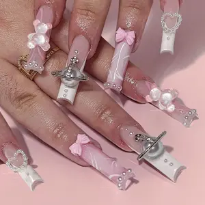 24pcs Y2K Long Coffin 3D Rhinestone Crowns, and Floral Accents Pink & White Press-On Nails. Perfect for Daily Use or Special Occasions. Elegant Nail Art Kit for a Luxurious, Dreamy Manicure for Women and Girls. Nail Care Nail Polish Cutics
