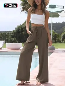 Women's Solid Color Basic Fit Lightweight Adjustable Drawstring Waist Wide Leg Pants, Casual Pocket Trousers for Beach Holiday Vacation, Ladies Bottoms for All Seasons, Womenswear