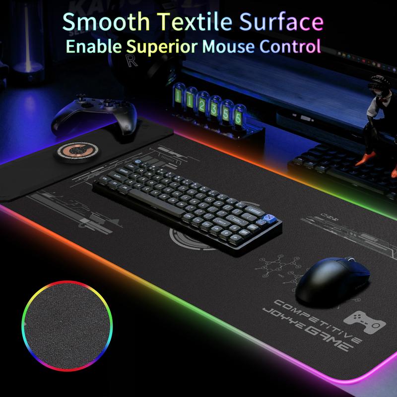 Large Gaming Mouse Pad with Magnetic Wireless Charger 15W Fast Charging, RGB Light LED Mousepad Desk Mat, Smooth Surface, Anti-Slip Rubber Base, Keyboard Pad for Gaming, MacBook, PC, Laptop - Black