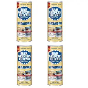 Bar Keepers Friend 21 oz. All-Purpose and Polish (4-Pack), Non-Abrasive Powder Cleaner for Stainless Steel Sinks & Cookware, Ceramic Glass Cooktops, Bathtubs, Countertops, Removes Rust, Hard Water Stains, Lime Scale, Tarnish, Bleach-Free, Antibacterial.