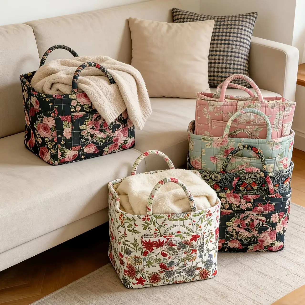 Quilted Flowers Print Organiser Basket, Retro Large Portable Storage for Home Decor, Camping & Hiking Gear, Pink Peony