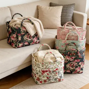 "Large Floral Series" Storage Basket: Retro Quilted Floral-Print, Portable, High-Capacity Home Storage Basket—Suitable for a Wide Variety of Settings.