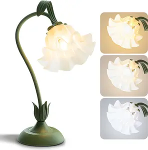 Flower Table Lamp Bedside Lamps LED Reading Light,3 Color Modes Cute Small Lamp, Flower Lamp Nightstand Lamp Kawaii Table Lamp for Bedroom Living Room Office Dorm Desk  Decor(Green lamp)