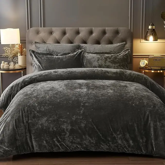PHF Velvet Comforter Set, 5 Piece Soft Luxury Textured Bedding Comforter Sets, Fluffy Breathable Bed in A Bag Including 1 Comforter, 2 Pillow Shams, 2 Euro Shams for Home Decor