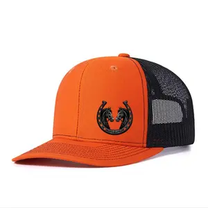 Double Horse & Horseshoe Trucker Hat | Unisex Breathable Mesh Cap | Adjustable Orange Snapback