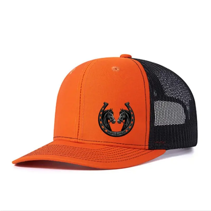 Unisex Classic Trucker Hat - Double Horse & Horseshoe Graphic, Breathable Mesh Cap, Adjustable Snapback with Bold Horse Motif, Orange