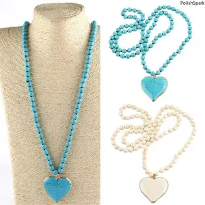 Turquoise Heart Pendant Beaded Necklace – Boho Western Long Layered Necklace, 2 Colors Available