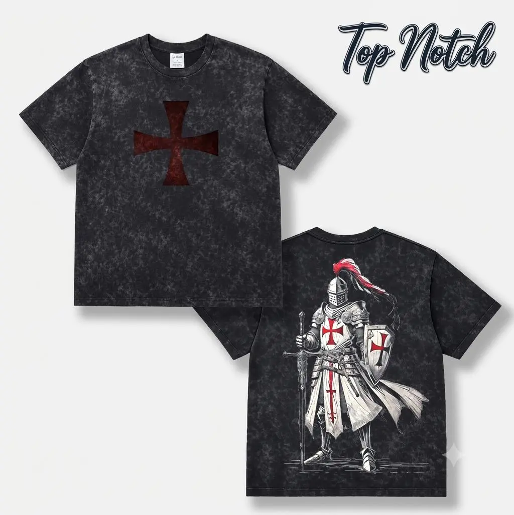 Vintage Washed Knights Templar Tee for Men & Women, Medieval Crusader Knight Graphic Print T-Shirt, Oversized Faith Warrior Streetwear Y2K Grunge Cotton Short Sleeve Shirt Gift