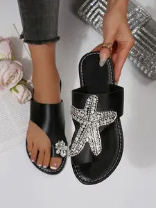 Women's Rhinestone Starfish Toe Loop Slide Sandals, Fashion Open Toe Flat Sandals for Summer Beach & Daily Wear