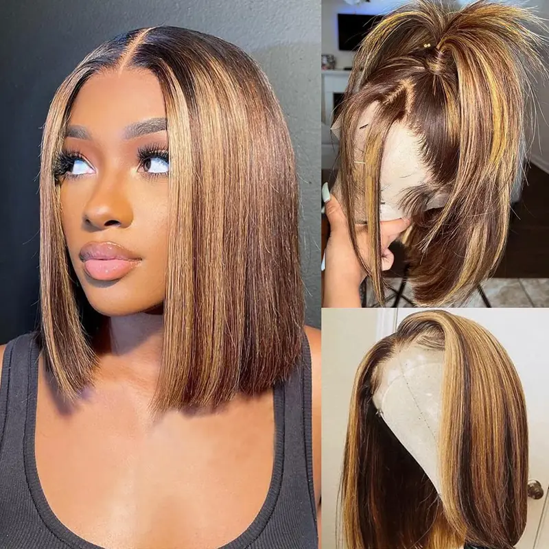 AMZHAIR Glueless Wigs Cheap Raw Vietnamese Hair Highlight Color 4/27 180% Density Short Bob Wigs Human Hair With Pre Plucked, Straight Bob Wigs 13x4 Hd Lace Frontal Wigs for Women