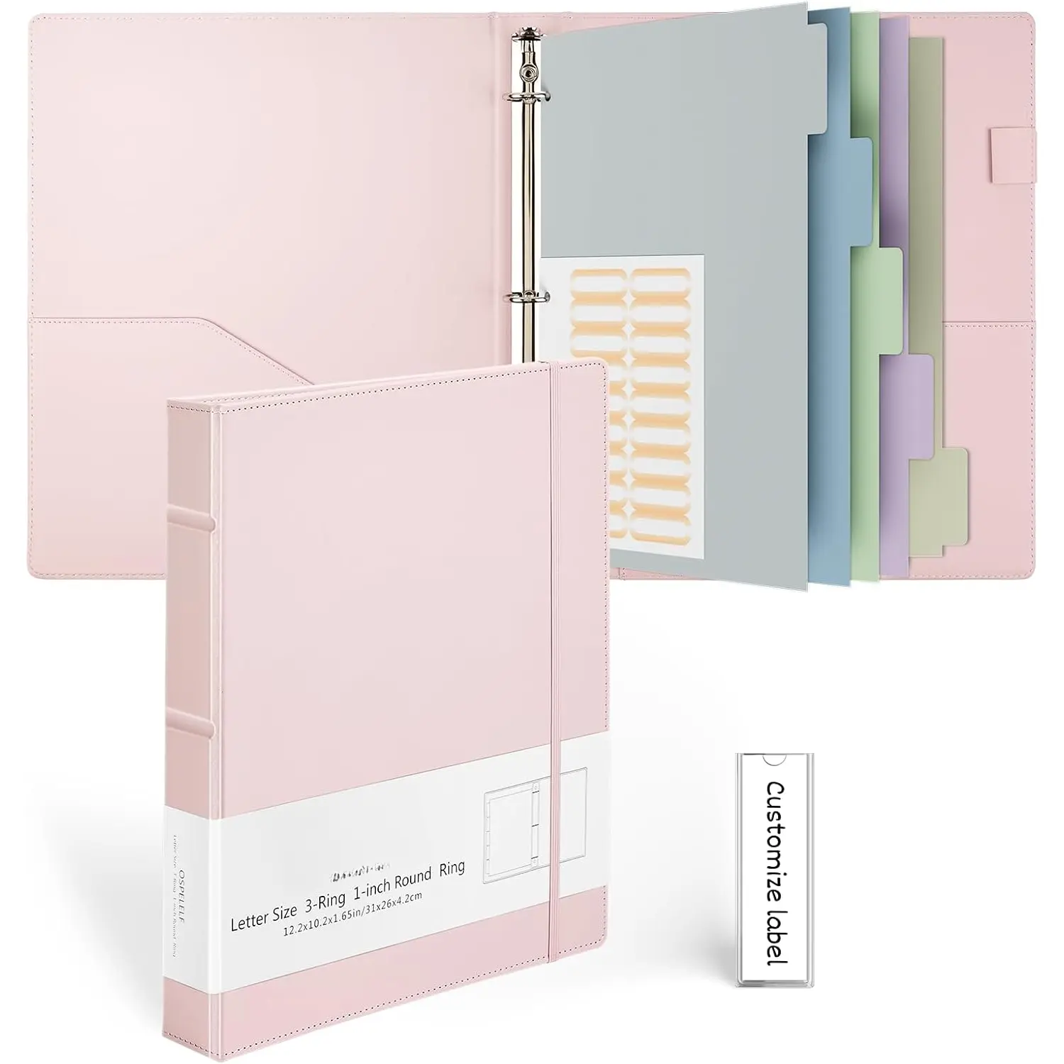 Hardcover 3 Ring 1 inch Leather Binder, Professional Binders Organizer Suitable for Letter Size Documents, Binder Dividers with Tabs, Faux Pink Leather