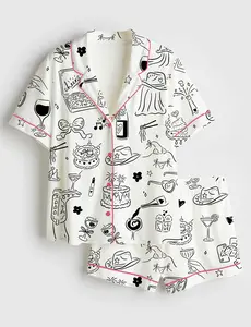 Women’s Hand Drawn Bachelorette Whimsical Girls Night Bach Party Print Short Sleeve Pajama Set #Pajamas
