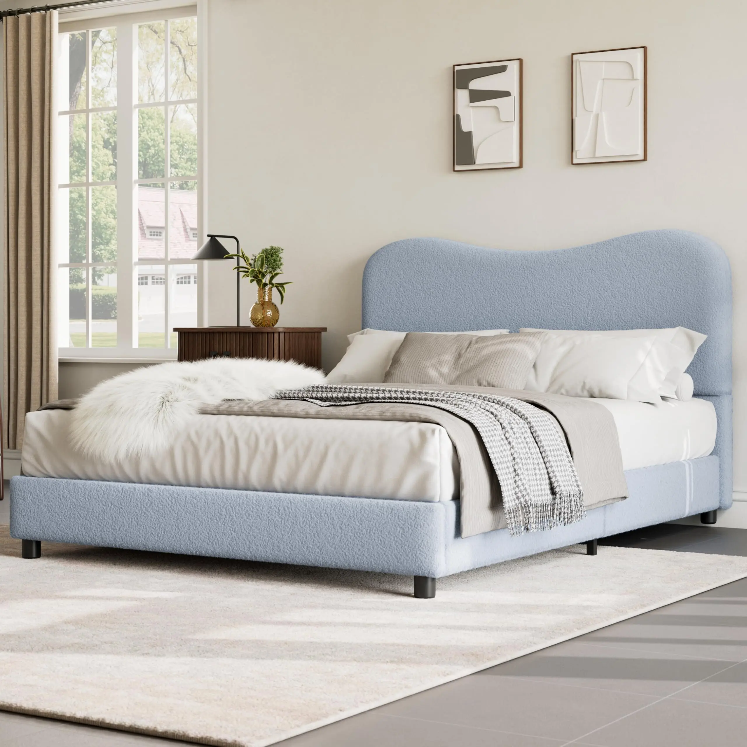 Gaomon Full Size Blue Boucle Fabric Upholstered Kids Headboard Bed Frame, Low-Profile Sturdy Platform with Heavy-Duty Wooden Slats, Noise-Free, No Box Spring Needed (for Boys & Girls), Full Size Bed