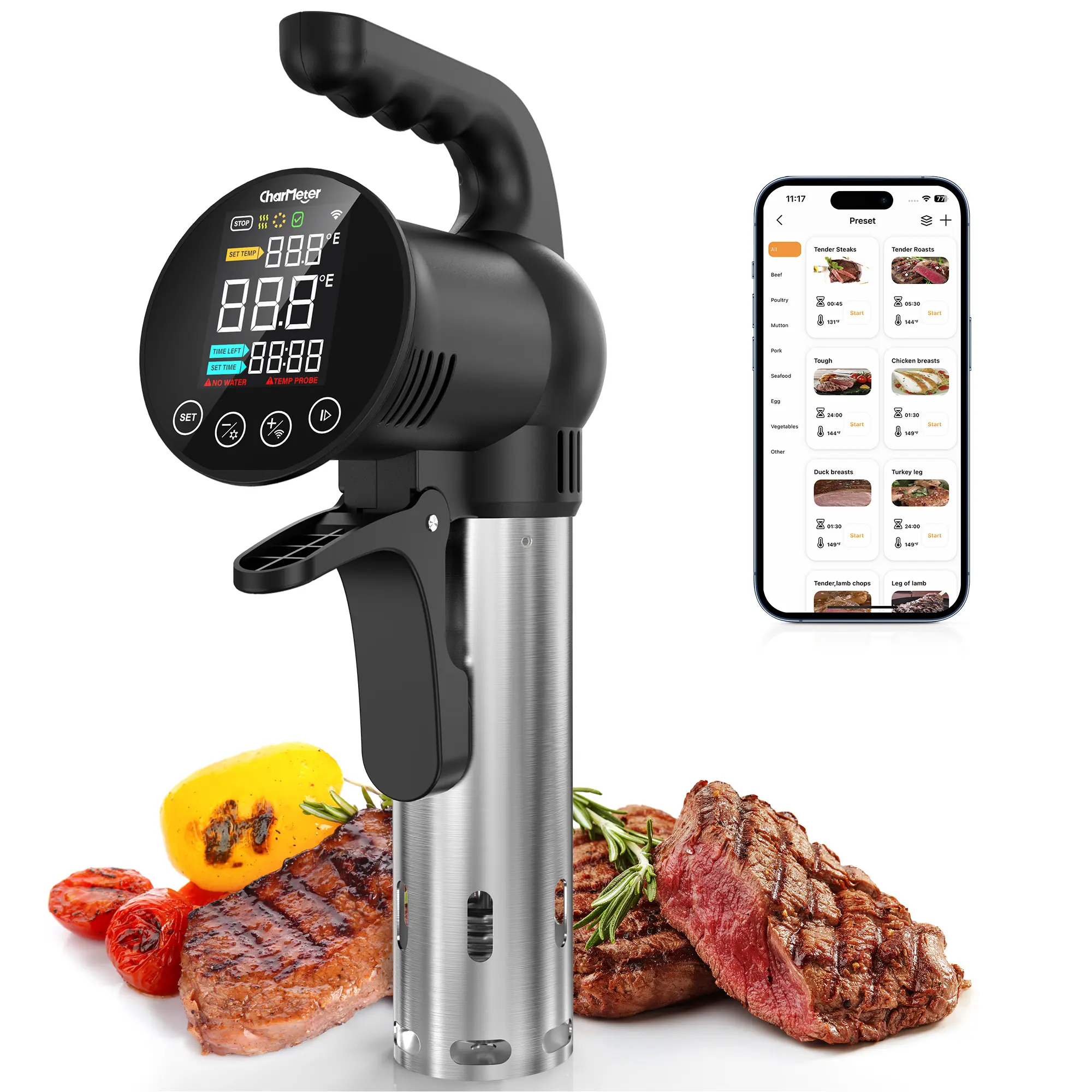 CharMeter Sous Vide Machine,1000W immersion-type cooker circulatorAPP remote control, intelligent scheduling + dual protection Lcd Screen Chicken Steaks Beef