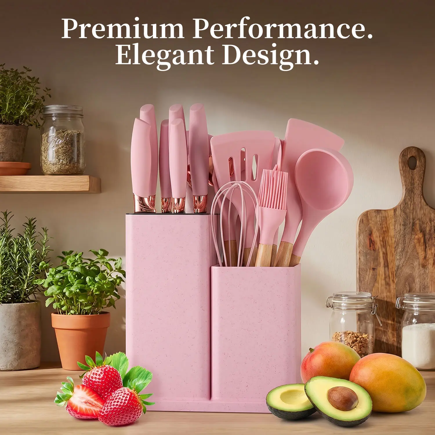 Pink 19-Piece Kitchen Set with Wooden Hang-Hole Handles - BPA-Free, Durable, Food-Grade Eco-Friendly Knives, Heat-Resistant Silicone Cooking Utensils, Non-Stick Safe, Quick Hand Wash, Slotted Spoon, Ideal for Birthday Gift Ideas, Girlfriend Birthday Gift