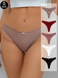 5 Pcs Women Low Waist Satin Thong Panties, Bow Decor Seamless Underwear, Soft Breathable Invisible Non-binding Daily Casual All Season Ladies Underwear