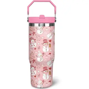 30oz Portable Double-Wall Stainless Steel Christmas Thermal Tumbler, Insulated Kitchenware Mug with Handle, Flip-Straw Lid, Pink Xmas Snowman Coffee Cup, Christmas Gifts for Women