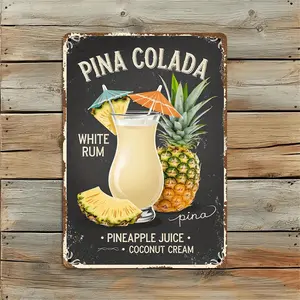 Vintage-Style Aluminum Sign Featuring 2D Flat Pina Colada Design With Tropical Drink And Pineapple Motif Ideal For Decorating Bedrooms Kitchens Offices And Bathrooms