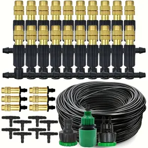 15m Outdoor Misting Cooling System Kit – 1/4" Brass Nozzles with 4/7mm Hose,Patio,Garden,Greenhouse Irrigation and Cooling System,Temperature Control,Water Saving,Easy Install,Durable Mist Sprayer Kit for Backyard,Outdoor Use