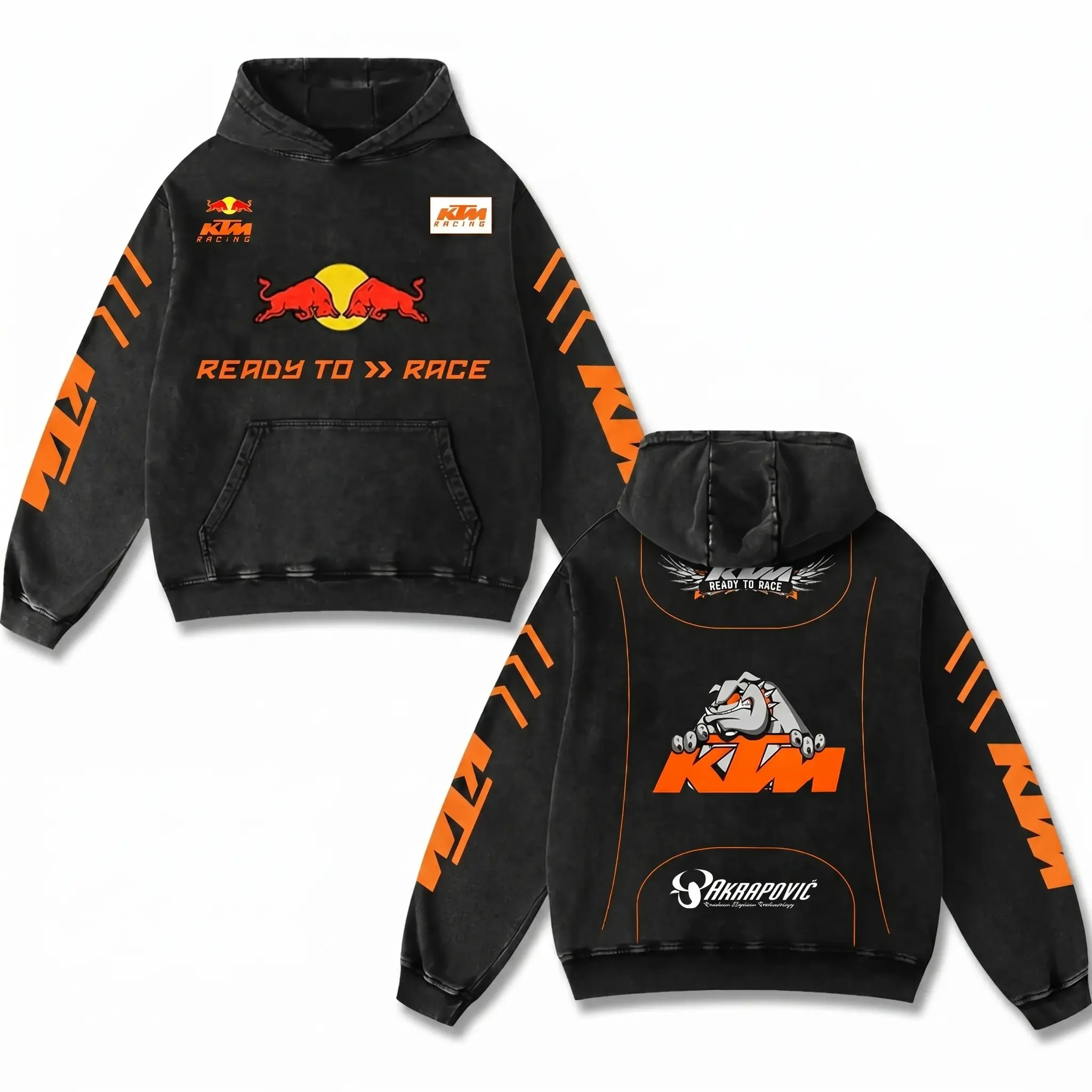 Retro Akrapovic x Redbull KTM Racing Hoodie Acid Washed Black Motor World Champion Enthusiast Apparel Streetwear Racing Team Motorcycle Clothing Motorbike Riders Supermotor Off-Road Dirt Bike Fan Gear Cotton For Motor Fan