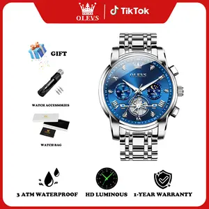 OLEVS Men's Quartz Watch with Luminous Dial 3ATM Waterproof Chronograph Stainless Steel Band 42mm Round Dial Green/Blue/Black Wristwatch