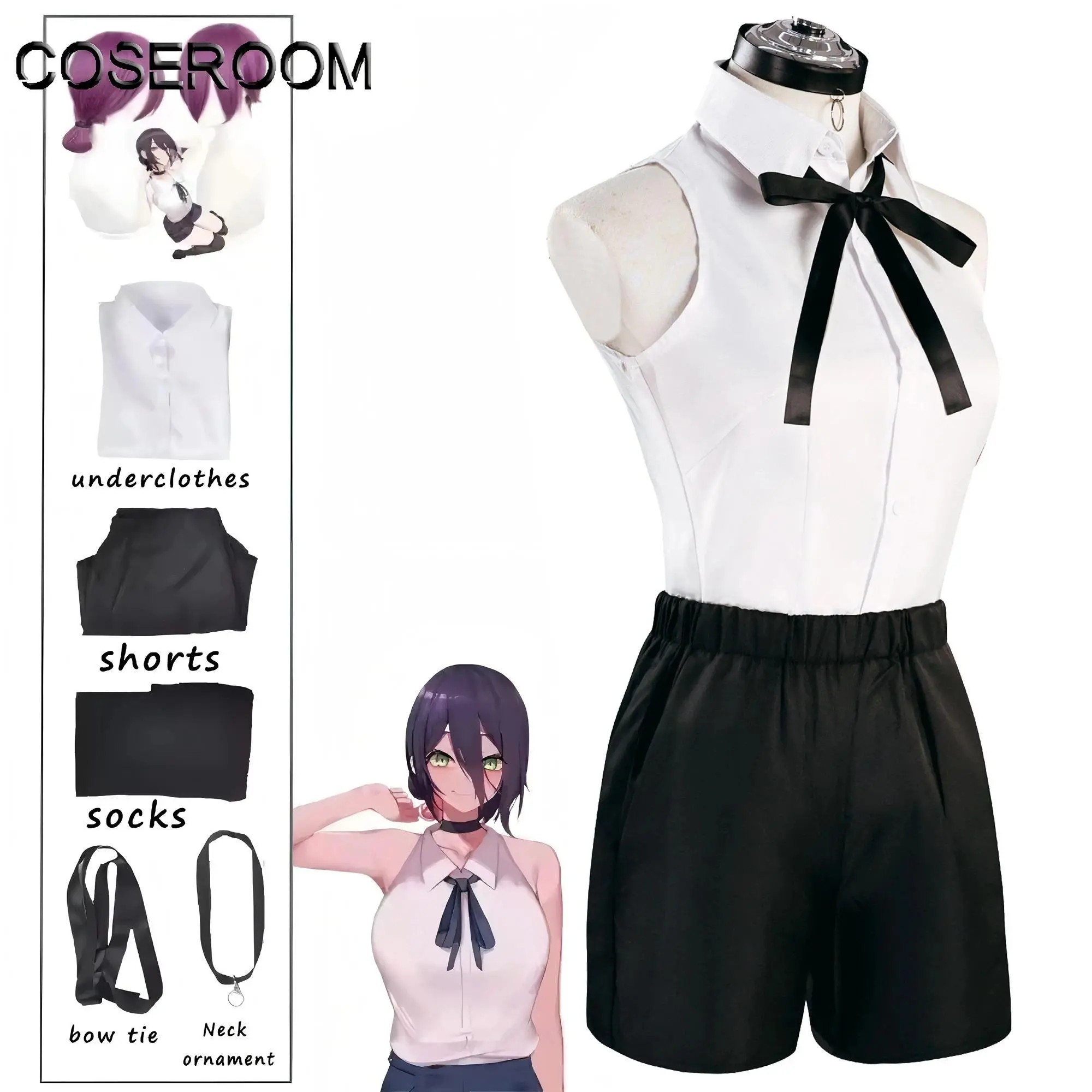 Chainsaw Reze Cosplay Costume Outfits Shirt Tie Short Wig Neck Ring Women Anime Uniform Halloween
