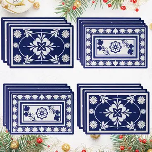 Blue and white Bohemian style diamondart table mat set of four pieces. DIY handmade heat insulation mat set. Suitable for home dining tables. Creative gift suitable for coffee and cold drink lovers.