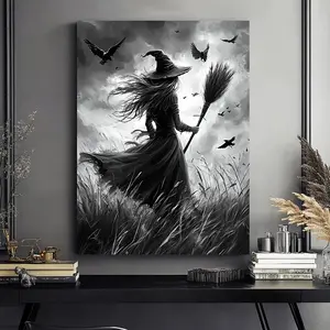 1pc Gothic Witch Broom Canvas Wall Art - Black & White Frameless Oil Painting with Flowing Hair Witch on Broomstick & Bat, Dramatic Monochrome Fantasy for halloween Horror Decor, Witch-Themed Room, Easy-Hook Installation,, 2D Flat