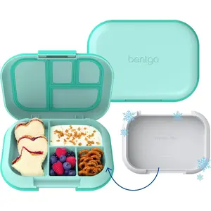 Chill Kids Leak-Proof Lunch Box-4-Compartment Bento Box with Built-In Ice Pack, 3.3 Cup Capacity, PFAS & BPA-Free, Microwave & Dishwasher Safe, Ideal Size for Ages 3 to 7 (Aqua)